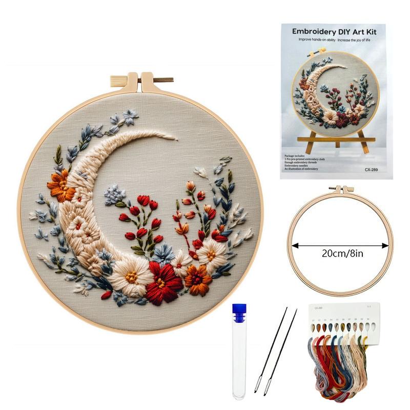 Beginner Embroidery Kit, Elegant Butterfly Moon Cross Stitch Set, Includes Printed Cotton Fabric, Threads, Needles, DIY Craft Supplies