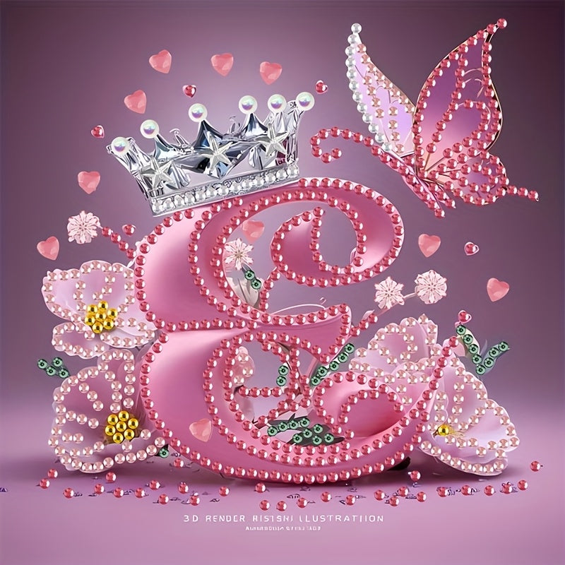 Diamond Painting Kit with Crown Butterfly Letters, Irregular Round Beads and Rhinestone Letters A-Z with Cute Butterfly Crown, Mural Art Picture