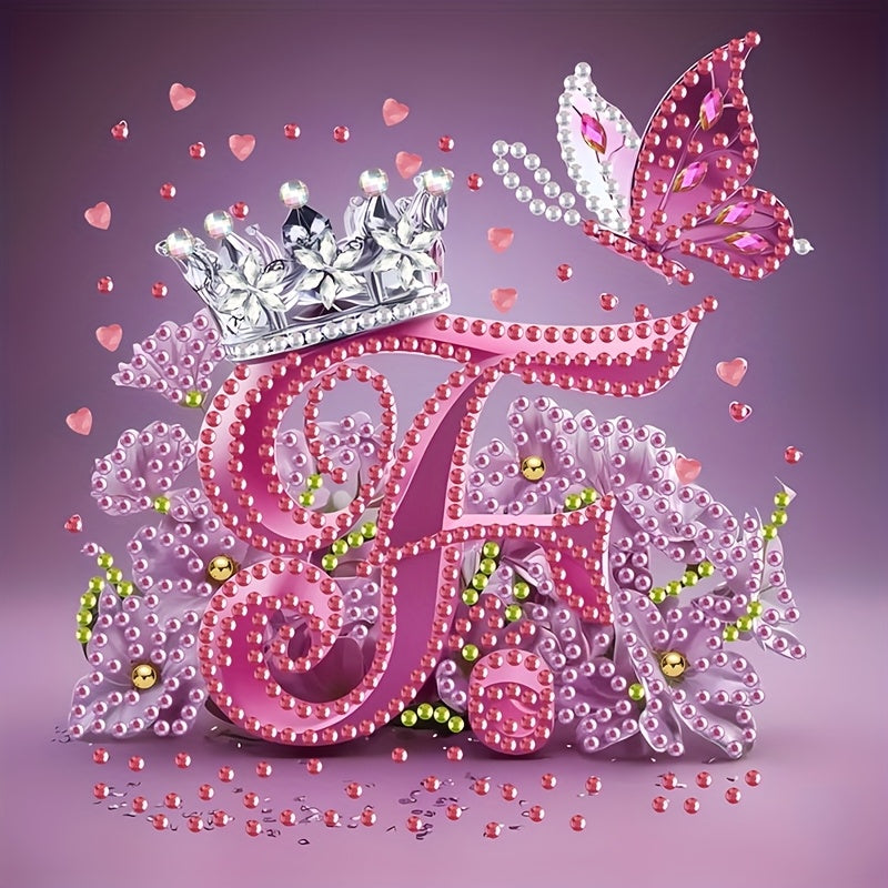 Diamond Painting Kit with Crown Butterfly Letters, Irregular Round Beads and Rhinestone Letters A-Z with Cute Butterfly Crown, Mural Art Picture