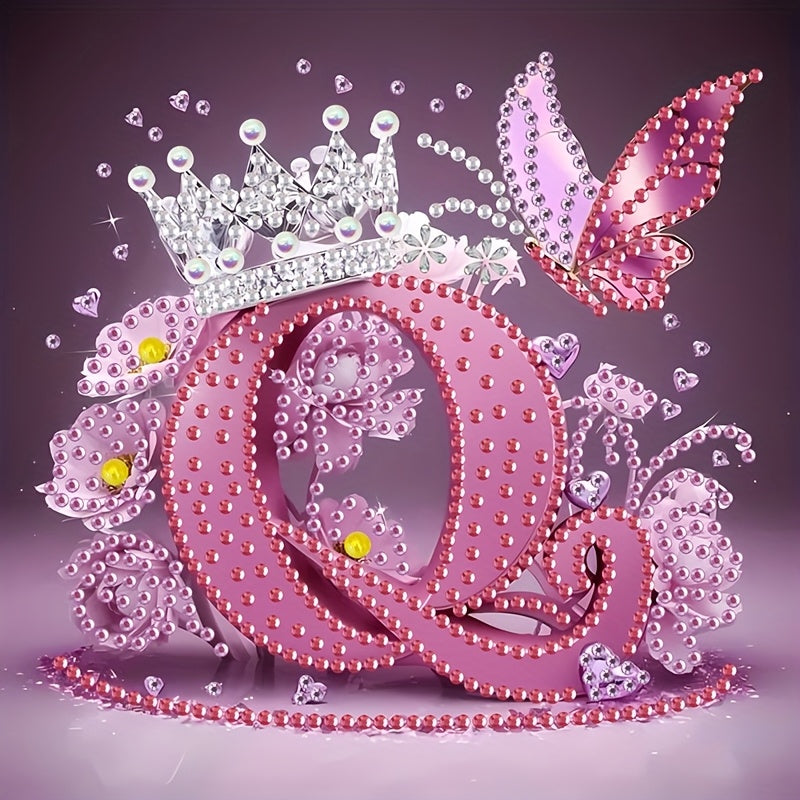 Diamond Painting Kit with Crown Butterfly Letters, Irregular Round Beads and Rhinestone Letters A-Z with Cute Butterfly Crown, Mural Art Picture