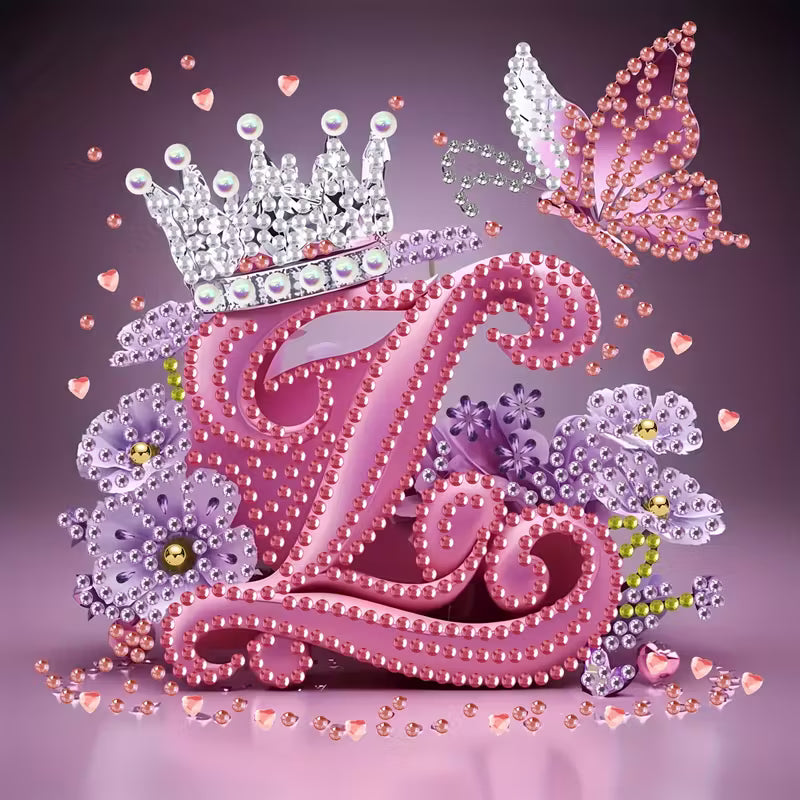 Diamond Painting Kit with Crown Butterfly Letters, Irregular Round Beads and Rhinestone Letters A-Z with Cute Butterfly Crown, Mural Art Picture