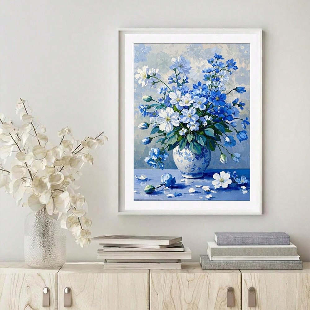 Adults 5D Diamond Painting Art Vintage Flowers Blue And White Vase Still Life Painting Art
