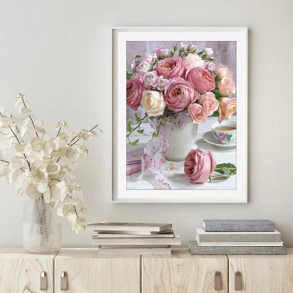 5D Diamond Painting Pink Rose Bouquet DIY Full Round Diamond Mosaic Art For Home Wall Decoration 30x40cm/11.81x15.75inch