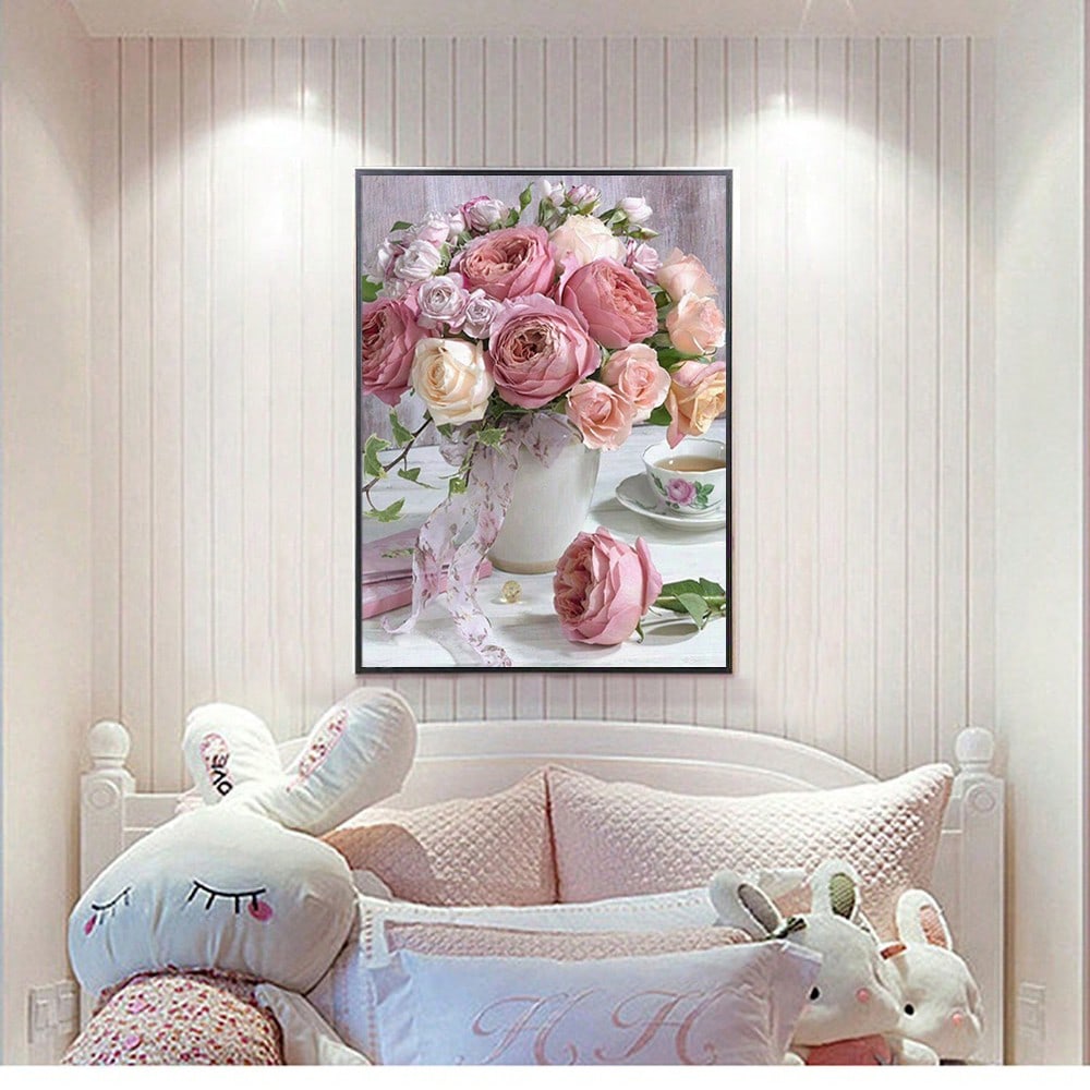 5D Diamond Painting Pink Rose Bouquet DIY Full Round Diamond Mosaic Art For Home Wall Decoration 30x40cm/11.81x15.75inch