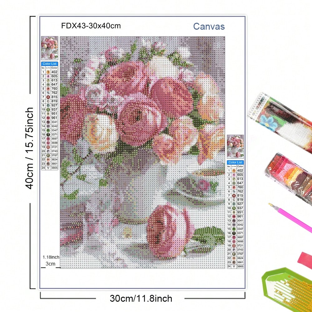 5D Diamond Painting Pink Rose Bouquet DIY Full Round Diamond Mosaic Art For Home Wall Decoration 30x40cm/11.81x15.75inch