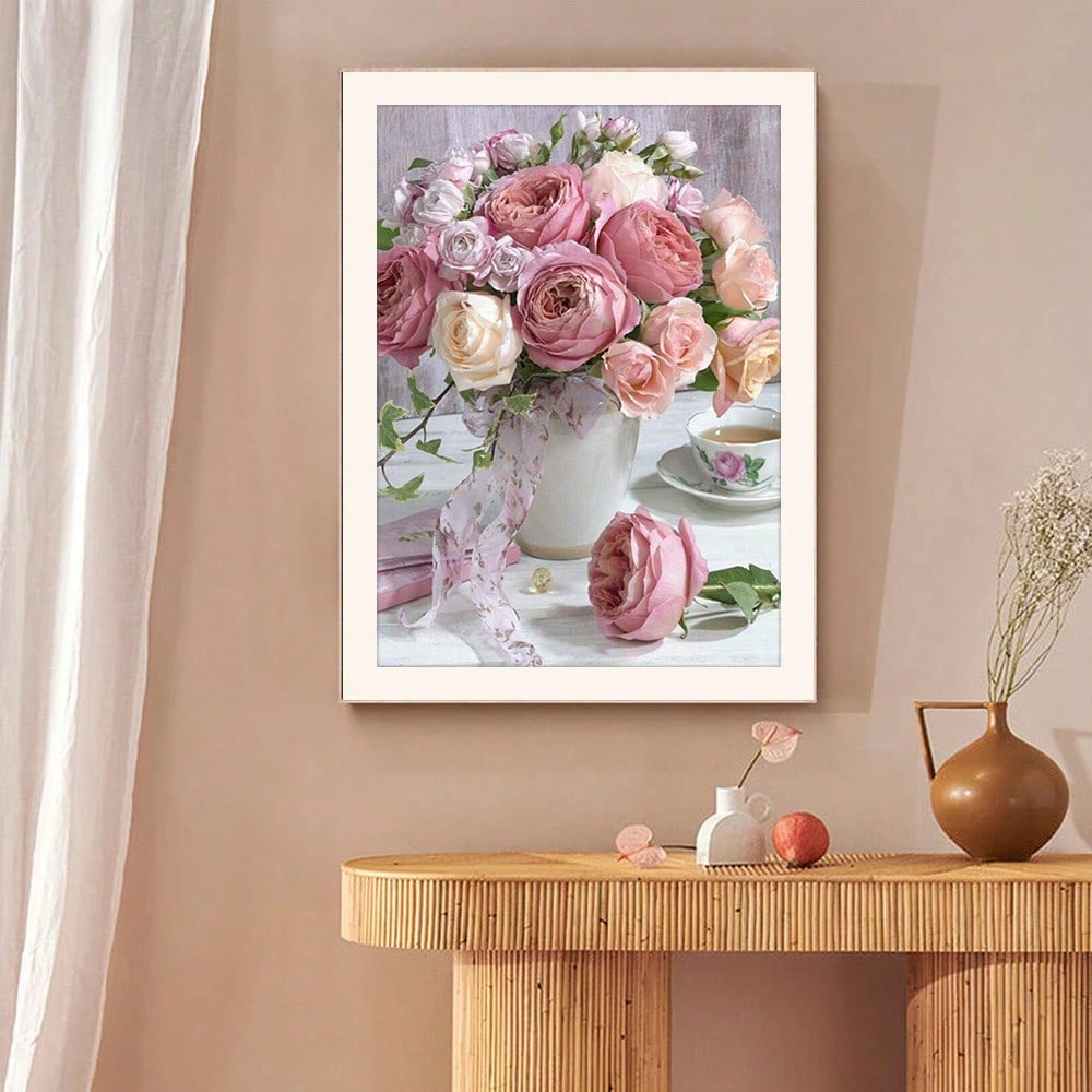 5D Diamond Painting Pink Rose Bouquet DIY Full Round Diamond Mosaic Art For Home Wall Decoration 30x40cm/11.81x15.75inch