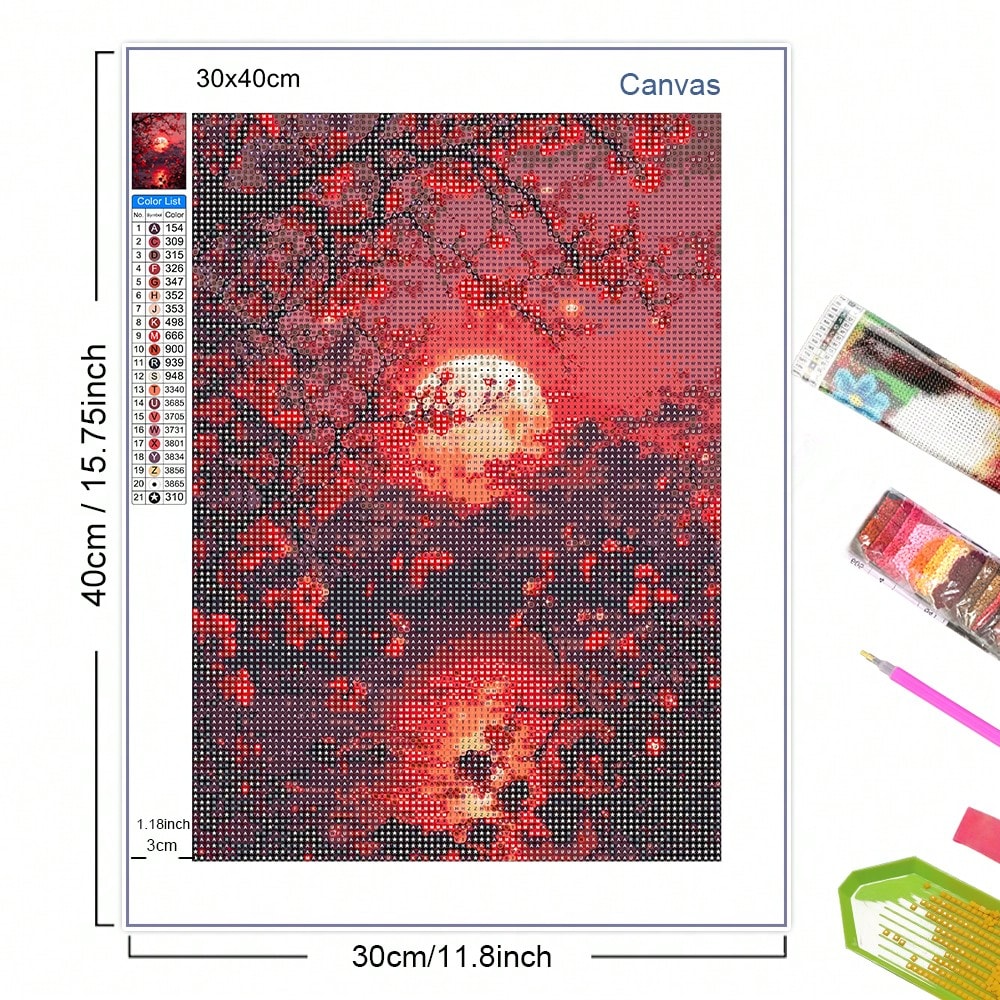 Red Moon Diamond Painting Set At Night, Suitable For Adult Beginners