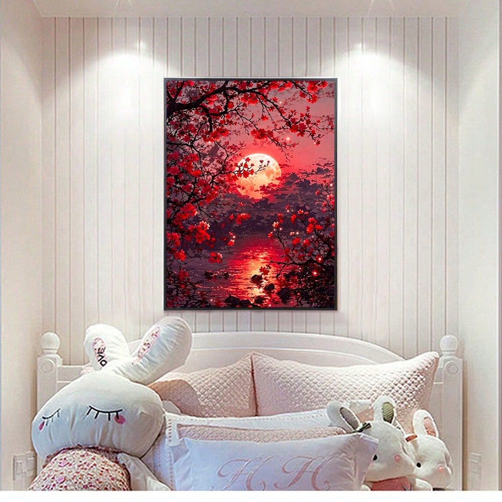 Red Moon Diamond Painting Set At Night, Suitable For Adult Beginners