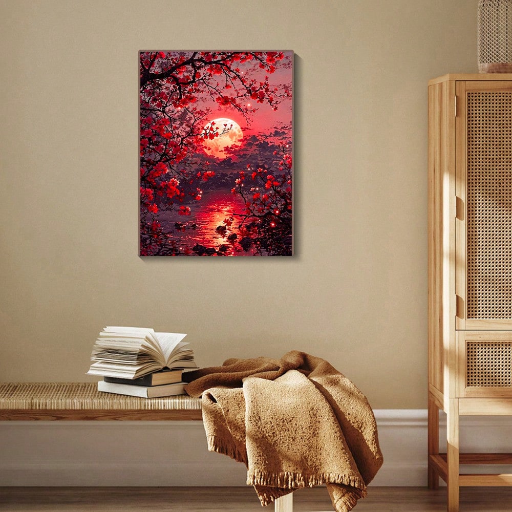 Red Moon Diamond Painting Set At Night, Suitable For Adult Beginners