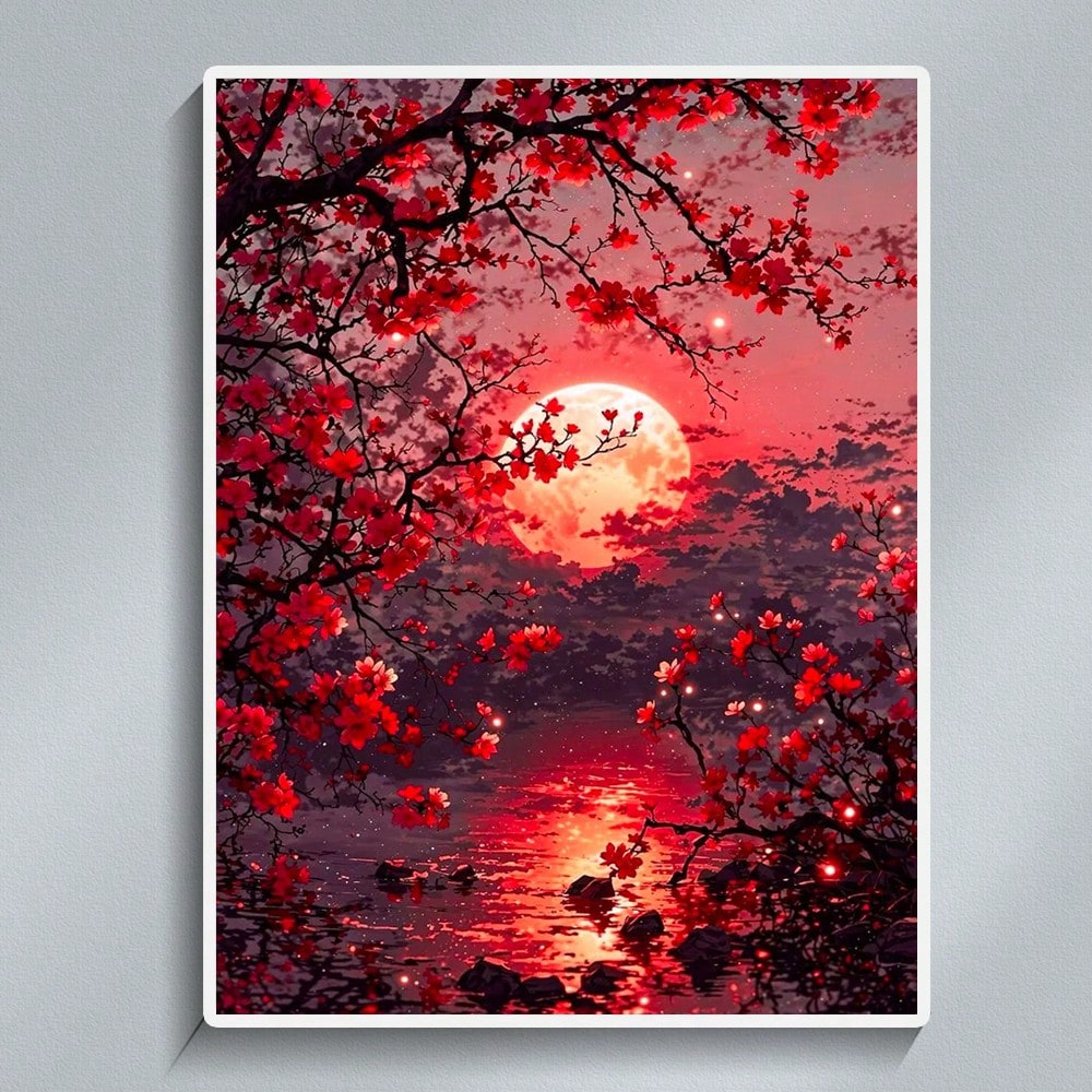 Red Moon Diamond Painting Set At Night, Suitable For Adult Beginners