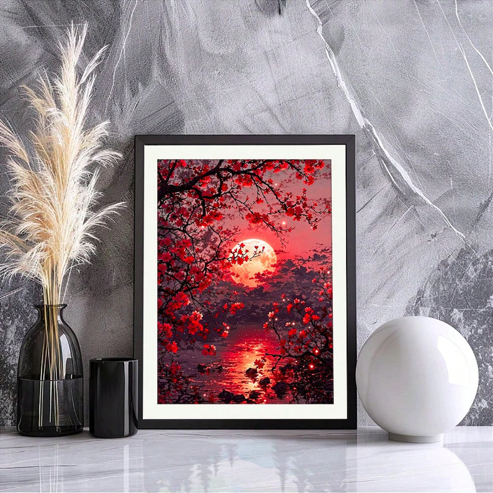 Red Moon Diamond Painting Set At Night, Suitable For Adult Beginners