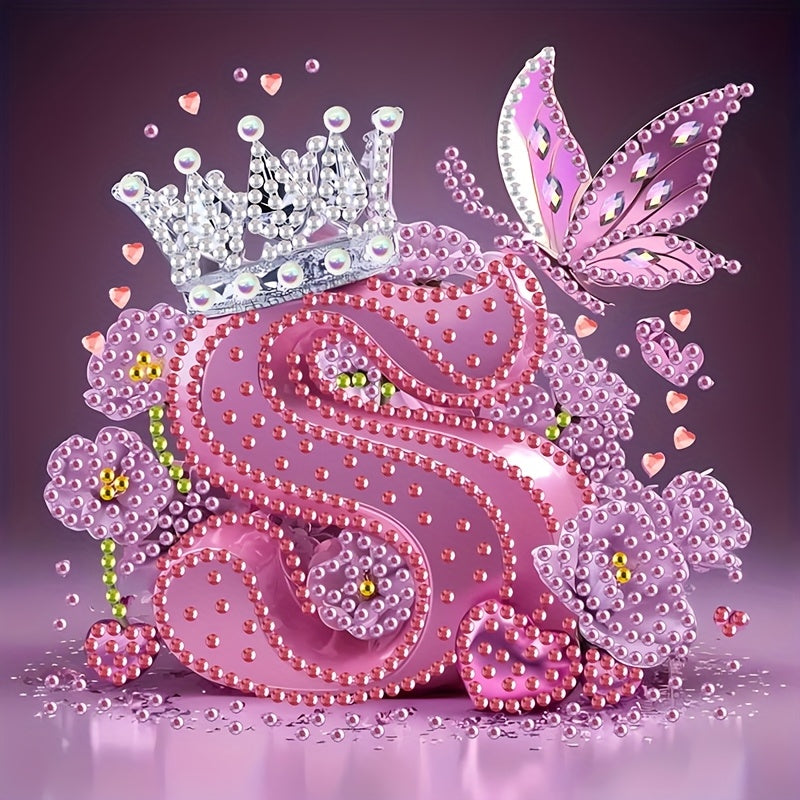 Diamond Painting Kit with Crown Butterfly Letters, Irregular Round Beads and Rhinestone Letters A-Z with Cute Butterfly Crown, Mural Art Picture