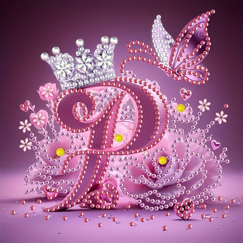 Diamond Painting Kit with Crown Butterfly Letters, Irregular Round Beads and Rhinestone Letters A-Z with Cute Butterfly Crown, Mural Art Picture