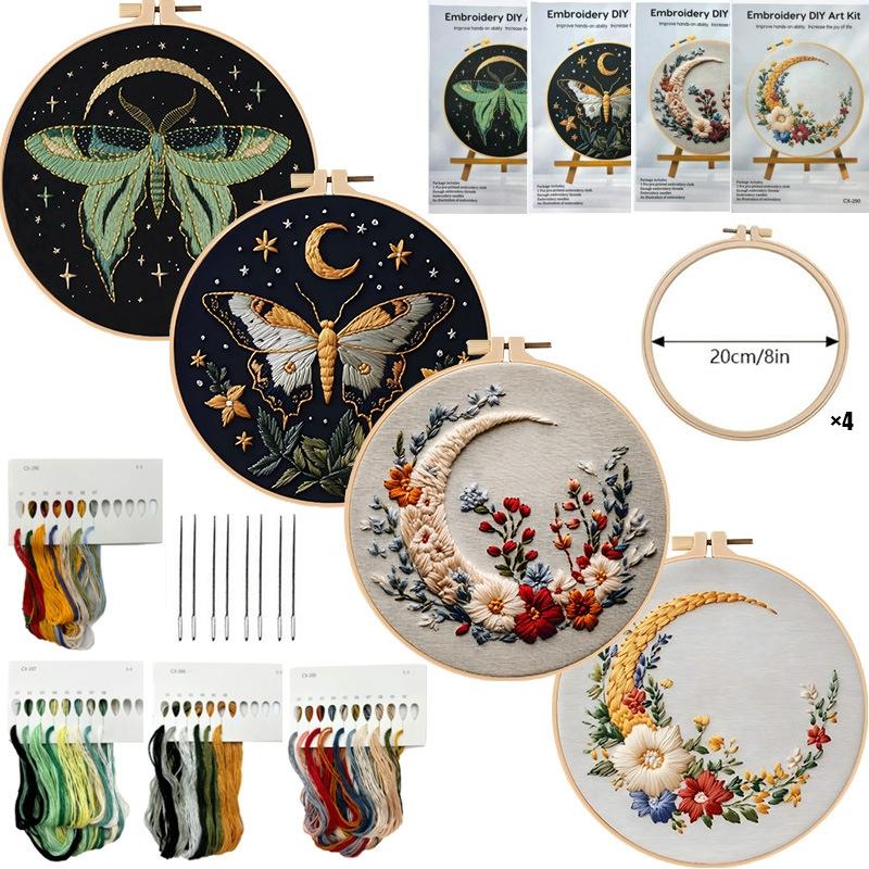 Beginner Embroidery Kit, Elegant Butterfly Moon Cross Stitch Set, Includes Printed Cotton Fabric, Threads, Needles, DIY Craft Supplies