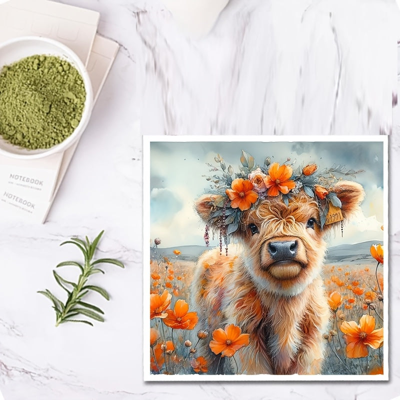 5D Diamond Painting Kit for Adults - Highland Cow with Flower Crown Animal Theme
