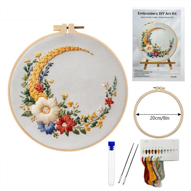 Beginner Embroidery Kit, Elegant Butterfly Moon Cross Stitch Set, Includes Printed Cotton Fabric, Threads, Needles, DIY Craft Supplies