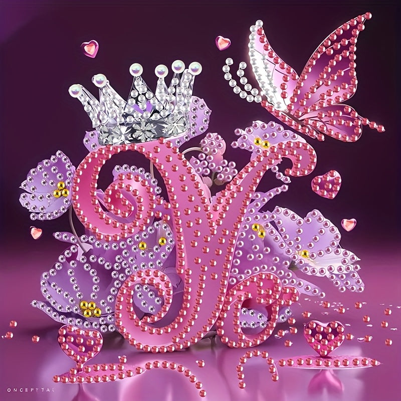 Diamond Painting Kit with Crown Butterfly Letters, Irregular Round Beads and Rhinestone Letters A-Z with Cute Butterfly Crown, Mural Art Picture