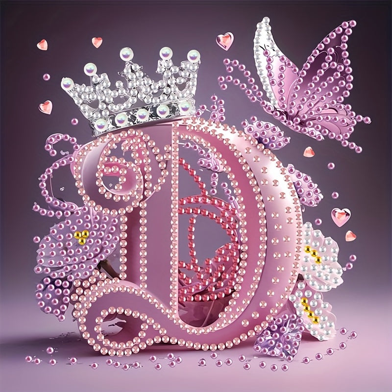 Diamond Painting Kit with Crown Butterfly Letters, Irregular Round Beads and Rhinestone Letters A-Z with Cute Butterfly Crown, Mural Art Picture