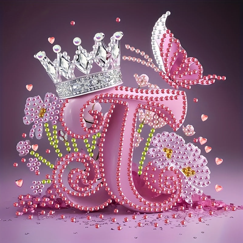 Diamond Painting Kit with Crown Butterfly Letters, Irregular Round Beads and Rhinestone Letters A-Z with Cute Butterfly Crown, Mural Art Picture
