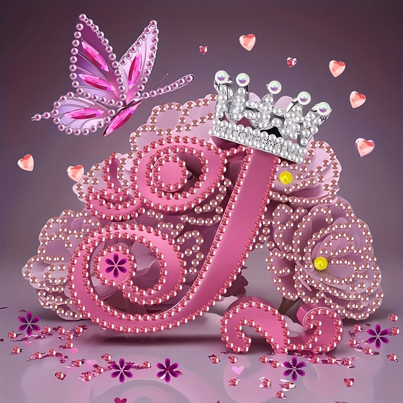 Diamond Painting Kit with Crown Butterfly Letters, Irregular Round Beads and Rhinestone Letters A-Z with Cute Butterfly Crown, Mural Art Picture