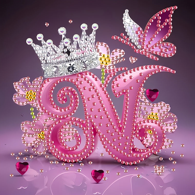 Diamond Painting Kit with Crown Butterfly Letters, Irregular Round Beads and Rhinestone Letters A-Z with Cute Butterfly Crown, Mural Art Picture