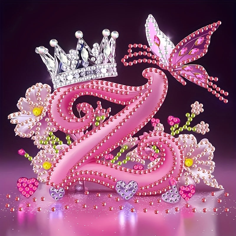 Diamond Painting Kit with Crown Butterfly Letters, Irregular Round Beads and Rhinestone Letters A-Z with Cute Butterfly Crown, Mural Art Picture