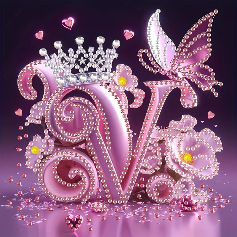 Diamond Painting Kit with Crown Butterfly Letters, Irregular Round Beads and Rhinestone Letters A-Z with Cute Butterfly Crown, Mural Art Picture
