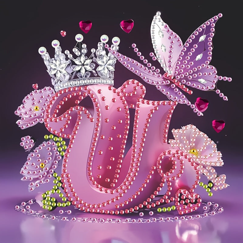 Diamond Painting Kit with Crown Butterfly Letters, Irregular Round Beads and Rhinestone Letters A-Z with Cute Butterfly Crown, Mural Art Picture