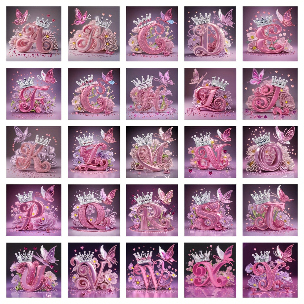 Diamond Painting Kit with Crown Butterfly Letters, Irregular Round Beads and Rhinestone Letters A-Z with Cute Butterfly Crown, Mural Art Picture