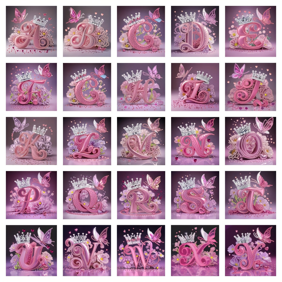 Diamond Painting Kit with Crown Butterfly Letters, Irregular Round Beads and Rhinestone Letters A-Z with Cute Butterfly Crown, Mural Art Picture