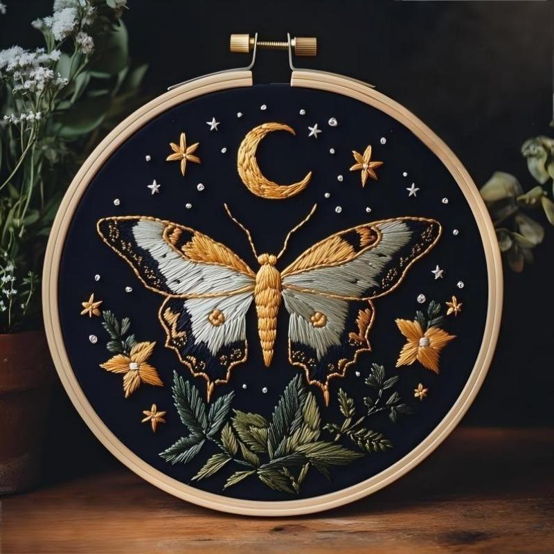 Beginner Embroidery Kit, Elegant Butterfly Moon Cross Stitch Set, Includes Printed Cotton Fabric, Threads, Needles, DIY Craft Supplies