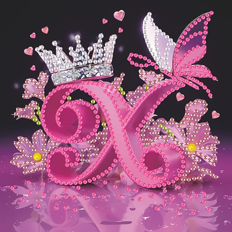 Diamond Painting Kit with Crown Butterfly Letters, Irregular Round Beads and Rhinestone Letters A-Z with Cute Butterfly Crown, Mural Art Picture