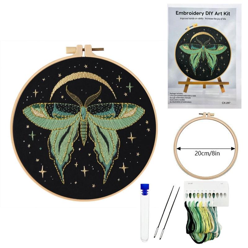 Beginner Embroidery Kit, Elegant Butterfly Moon Cross Stitch Set, Includes Printed Cotton Fabric, Threads, Needles, DIY Craft Supplies