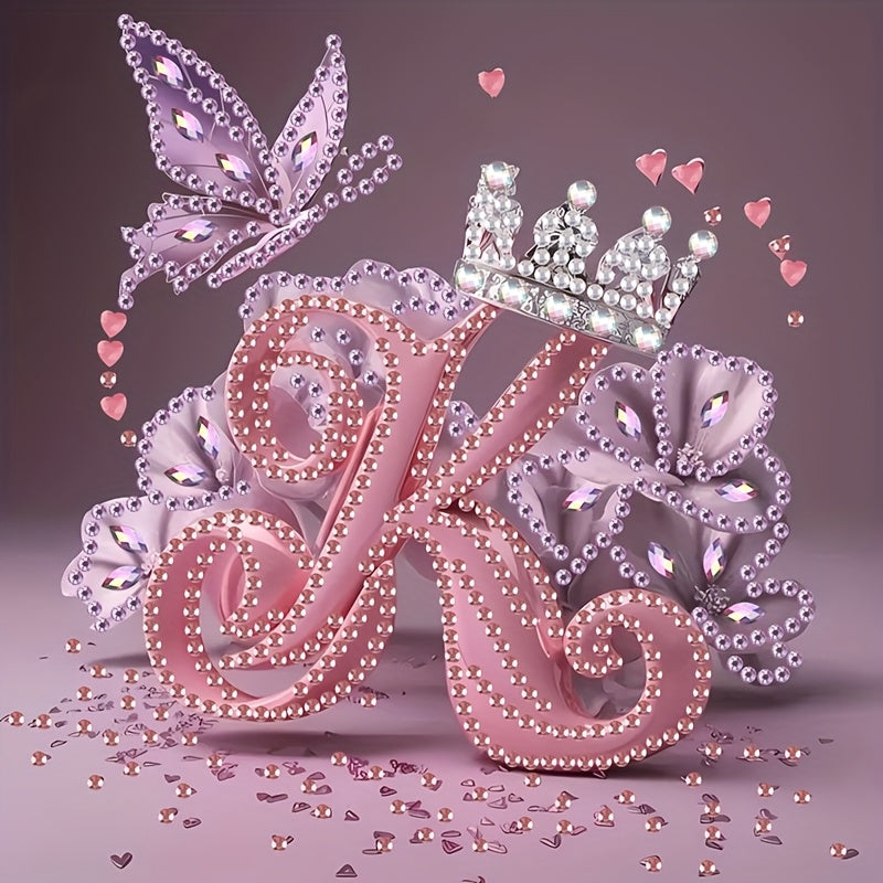 Diamond Painting Kit with Crown Butterfly Letters, Irregular Round Beads and Rhinestone Letters A-Z with Cute Butterfly Crown, Mural Art Picture