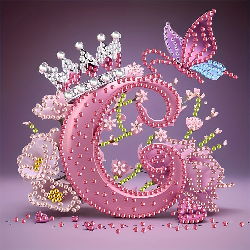 Diamond Painting Kit with Crown Butterfly Letters, Irregular Round Beads and Rhinestone Letters A-Z with Cute Butterfly Crown, Mural Art Picture
