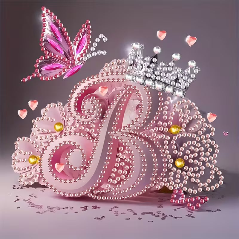 Diamond Painting Kit with Crown Butterfly Letters, Irregular Round Beads and Rhinestone Letters A-Z with Cute Butterfly Crown, Mural Art Picture