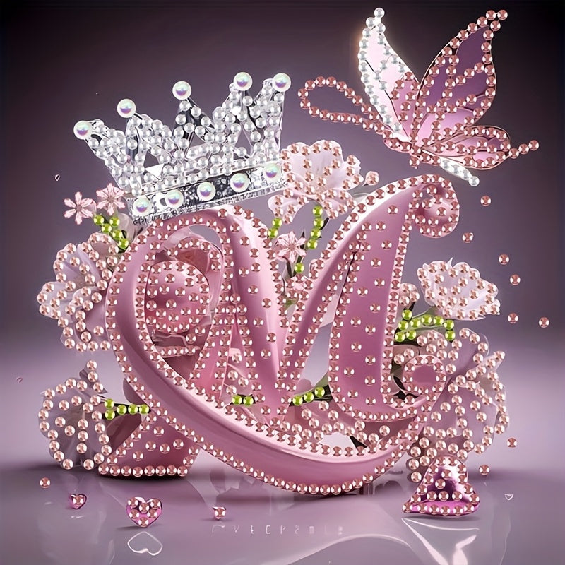 Diamond Painting Kit with Crown Butterfly Letters, Irregular Round Beads and Rhinestone Letters A-Z with Cute Butterfly Crown, Mural Art Picture