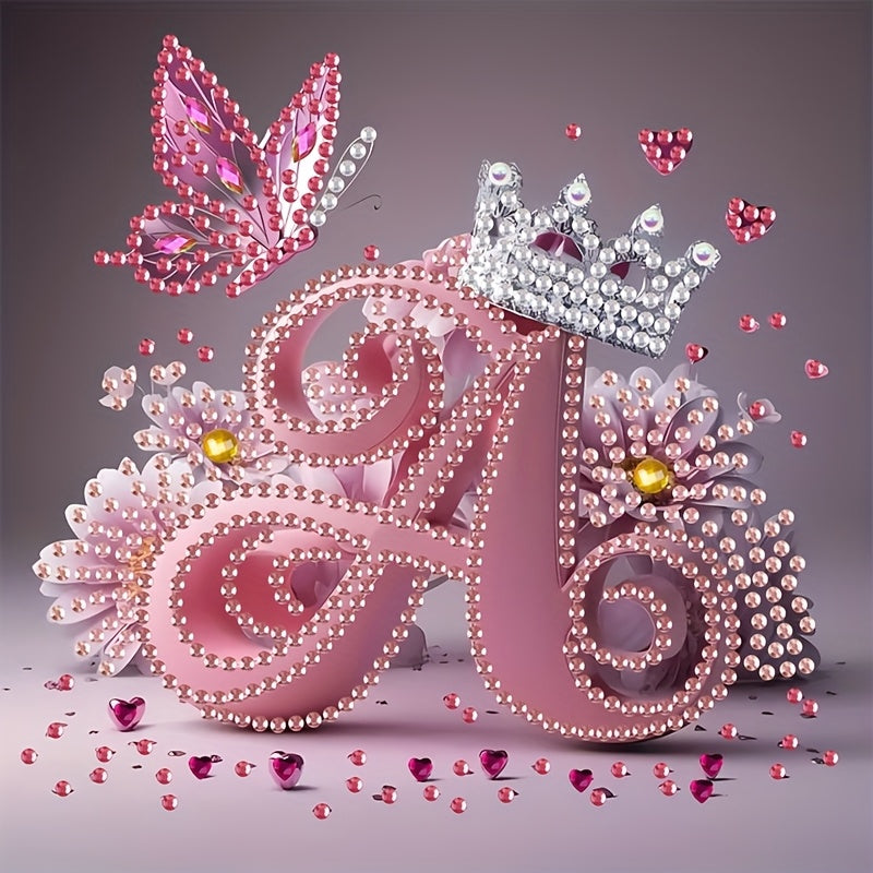 Diamond Painting Kit with Crown Butterfly Letters, Irregular Round Beads and Rhinestone Letters A-Z with Cute Butterfly Crown, Mural Art Picture
