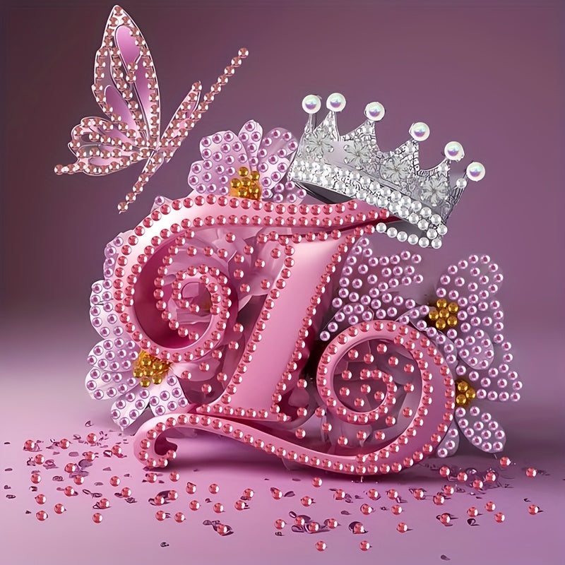 Diamond Painting Kit with Crown Butterfly Letters, Irregular Round Beads and Rhinestone Letters A-Z with Cute Butterfly Crown, Mural Art Picture