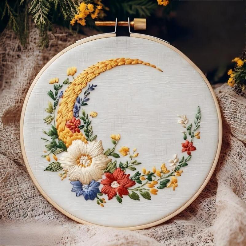 Beginner Embroidery Kit, Elegant Butterfly Moon Cross Stitch Set, Includes Printed Cotton Fabric, Threads, Needles, DIY Craft Supplies