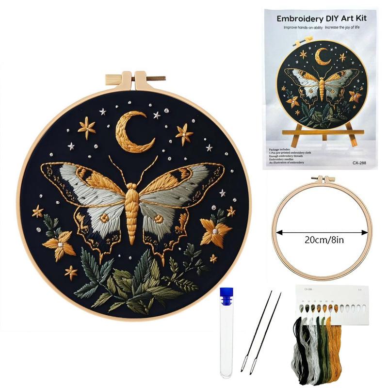 Beginner Embroidery Kit, Elegant Butterfly Moon Cross Stitch Set, Includes Printed Cotton Fabric, Threads, Needles, DIY Craft Supplies