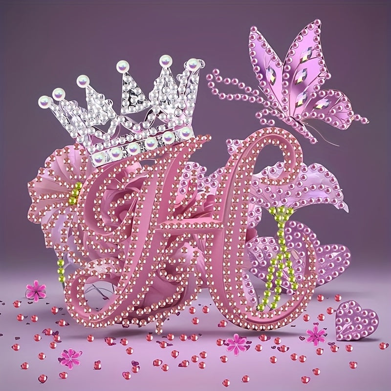 Diamond Painting Kit with Crown Butterfly Letters, Irregular Round Beads and Rhinestone Letters A-Z with Cute Butterfly Crown, Mural Art Picture