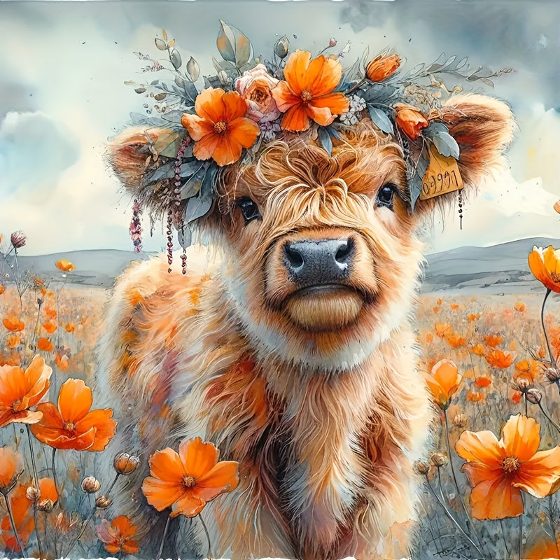 5D Diamond Painting Kit for Adults - Highland Cow with Flower Crown Animal Theme