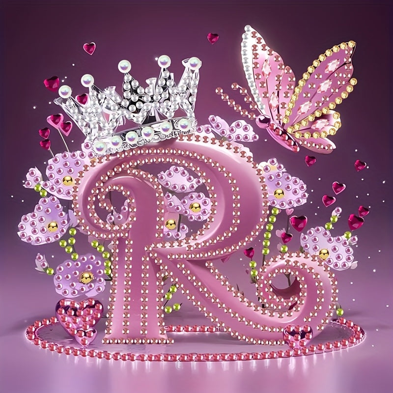 Diamond Painting Kit with Crown Butterfly Letters, Irregular Round Beads and Rhinestone Letters A-Z with Cute Butterfly Crown, Mural Art Picture