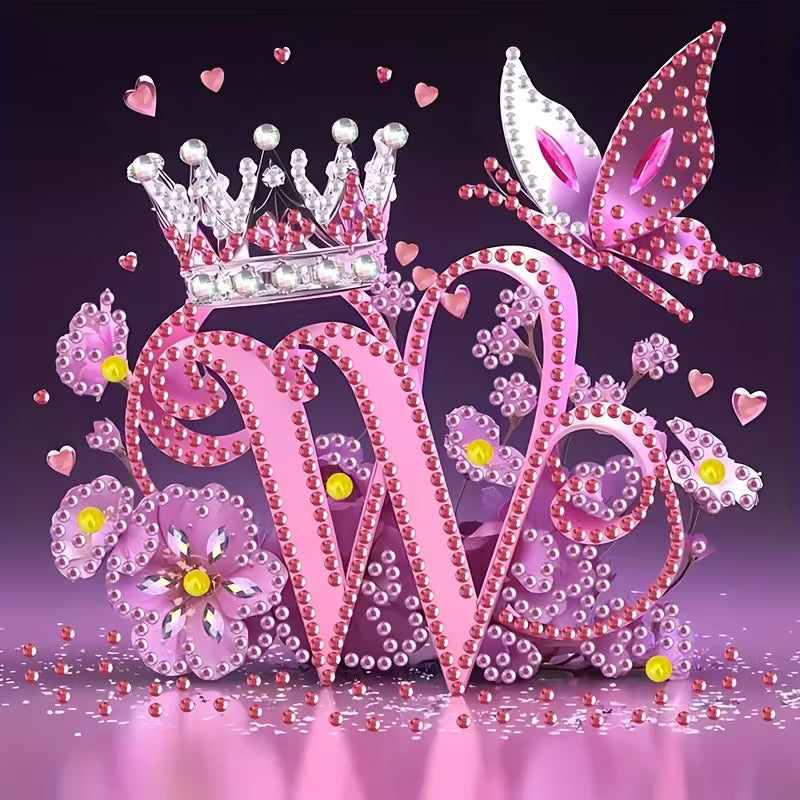 Diamond Painting Kit with Crown Butterfly Letters, Irregular Round Beads and Rhinestone Letters A-Z with Cute Butterfly Crown, Mural Art Picture