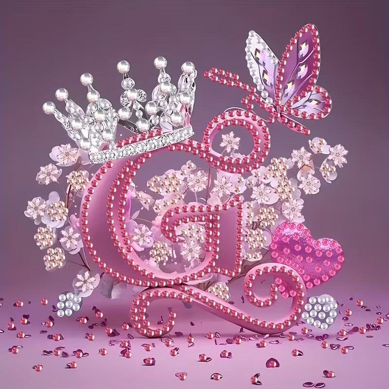 Diamond Painting Kit with Crown Butterfly Letters, Irregular Round Beads and Rhinestone Letters A-Z with Cute Butterfly Crown, Mural Art Picture